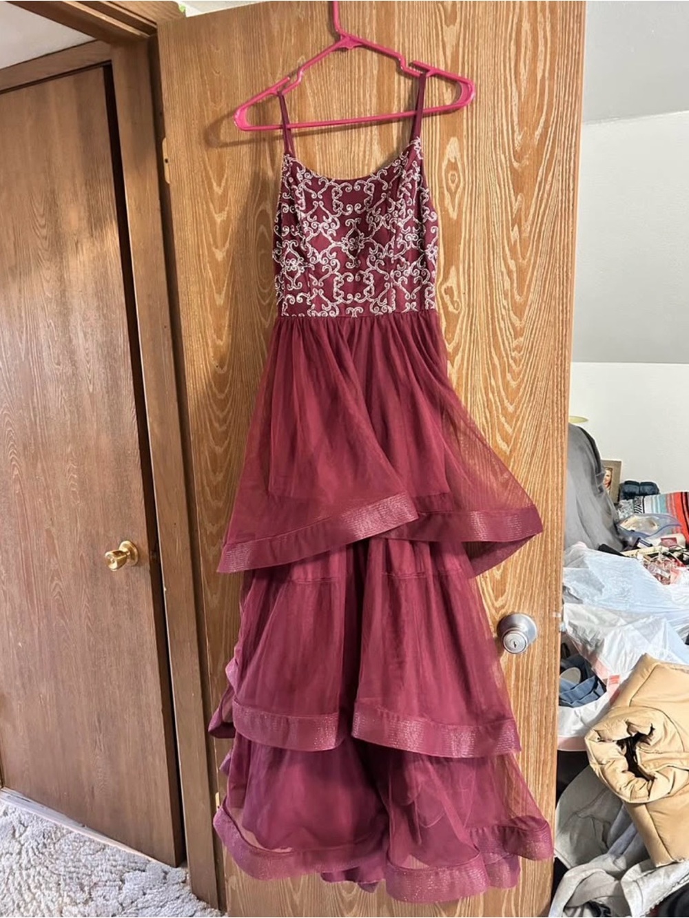 Speechless Burgundy Embroidered Tulle Layered Formal Dress